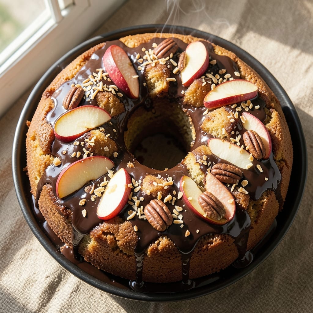 Apple German Chocolate Cake Recipe: Spiced Rum Streusel Hugging Moist Apple Layers