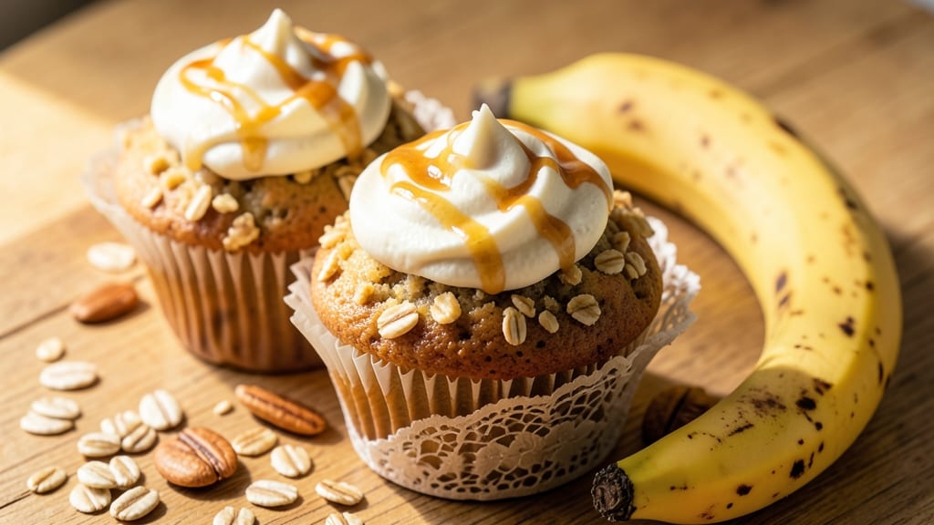 Banana Oat Cupcakes Recipe: Fluffy Vanilla Swirls With Caramelized Banana Topping