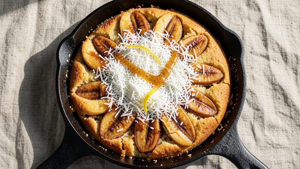 Banana Coconut Upside Down Cake Recipe: Caramelized Bananas Hugged by Toasted Coconut Crust